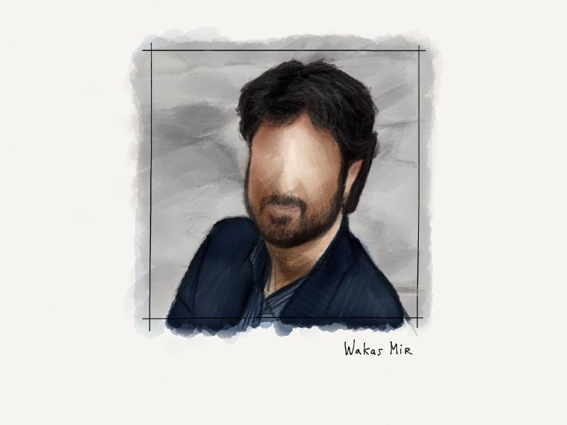 Digital watercolor and pencil portrait of a faceless man with a beard, smiling in a blazer.