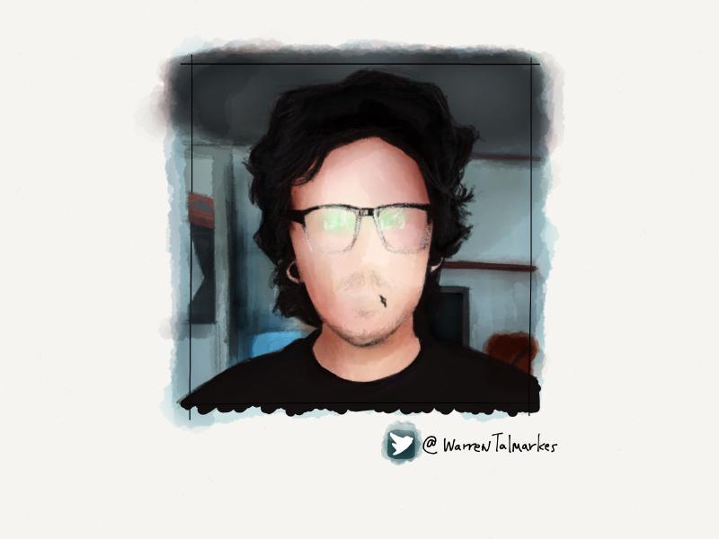 Digital watercolor and pencil portrait of a faceless man with wavy black hair, glasses, stretched ear, and a ring in his lower lip. The green light of his computer monitor is reflected in his glasses.