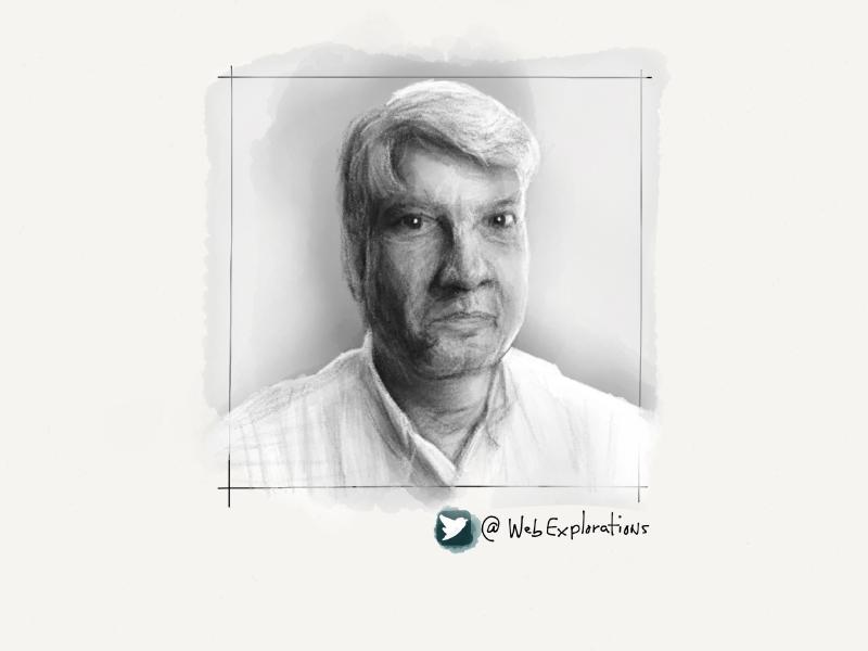Digital watercolor and pencil portrait of a man with white hair in a white shirt.