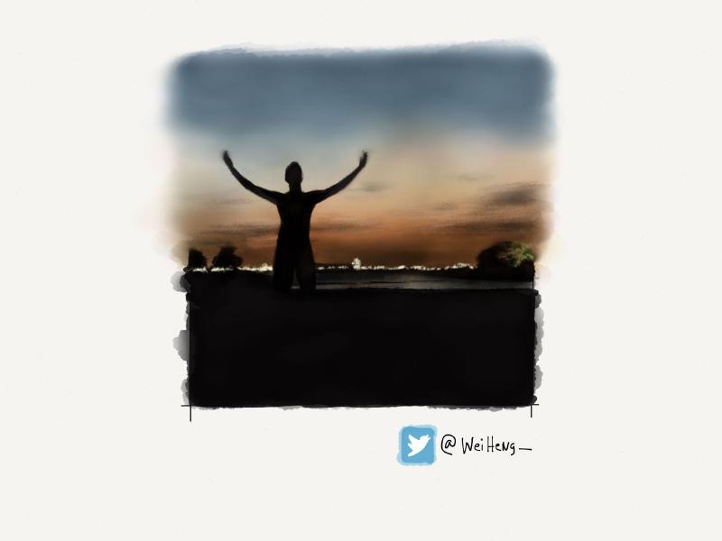 Digital watercolor and pencil portrait of a man holding his arms up in silhouette at dusk with the city lights seen in the distance.