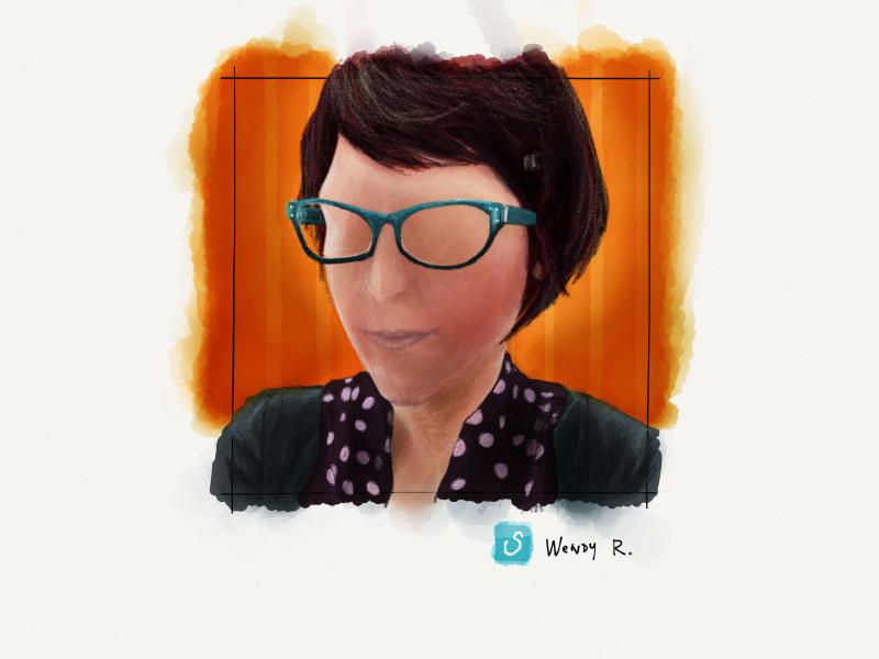 Digital watercolor and pencil portrait of a faceless woman with a short bob cut, wearing aqua colored eye glass frames, and a polka dot shirt.
