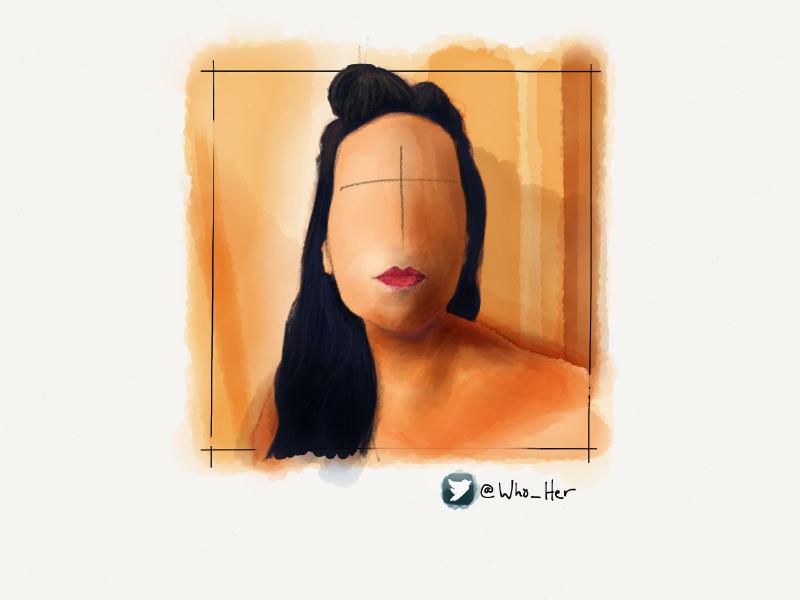 Digital watercolor and pencil portrait of a topless, faceless woman with dark hair and pouty red lips.
