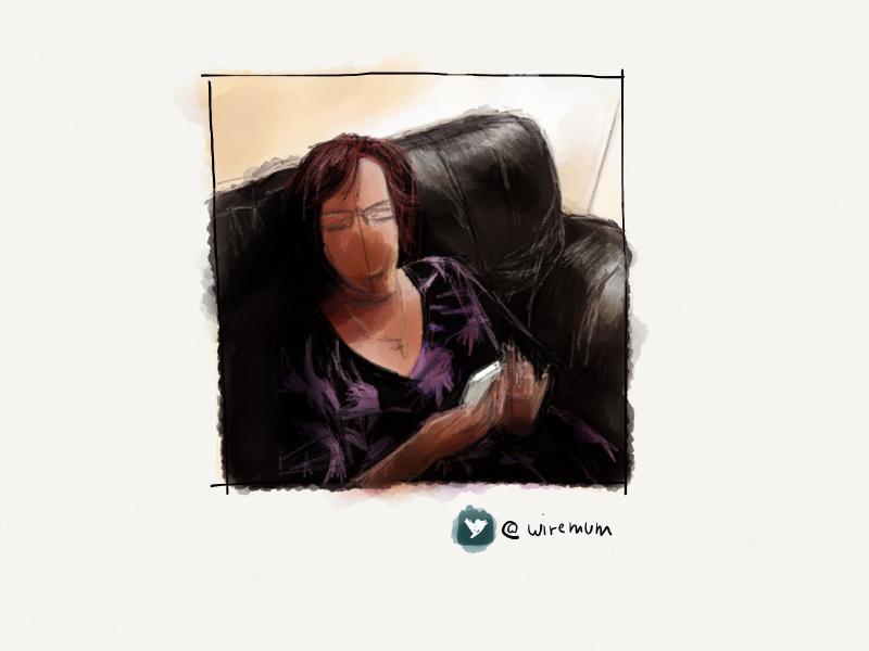 Digital watercolor and pencil portrait of a faceless woman in a purple blouse sitting on a leather sofa holding a white iPhone.