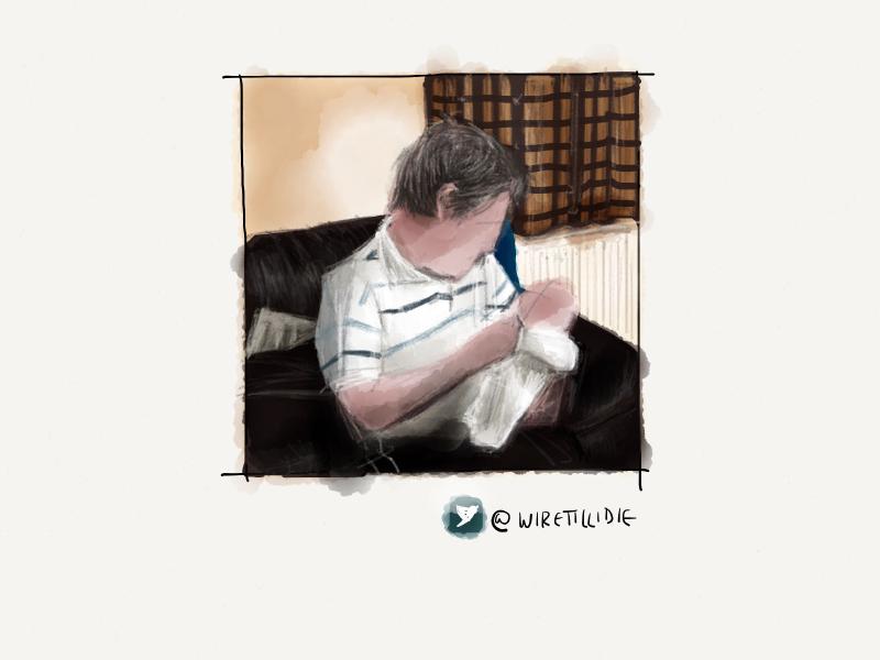 Digital watercolor and pencil portrait of a faceless man in a striped shirt holding a baby on a leather sofa.