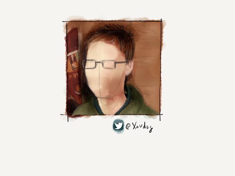 Digital watercolor and pencil portrait of a faceless figure wearing rectangular glasses and a green hoodie.