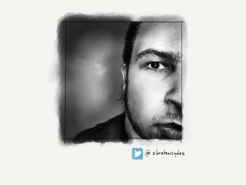 Digital watercolor and pencil portrait of the half of a man's face, painted in black and white.