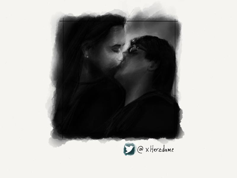 Black and white digital watercolor and pencil portrait of a woman kissing a man in glasses on the lips, surrounded in shadows.