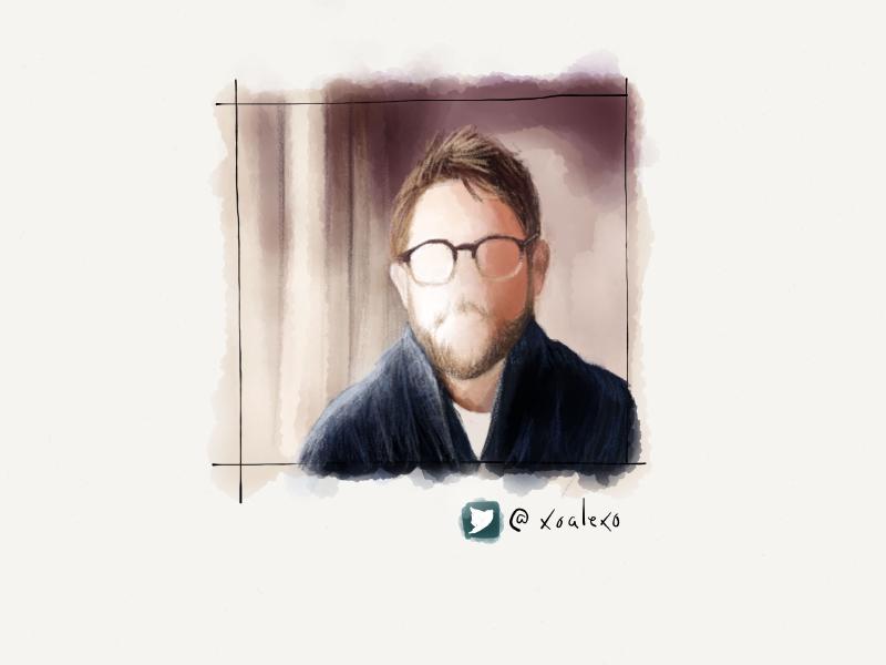 Digital watercolor and pencil portrait of a faceless man wearing round glasses and a cozy blue sweater.