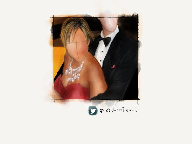 Digital watercolor and pencil portrait of a faceless woman with short blonde hair, fancy crystal necklace, and wearing a red dress as a man in a bowtie holds her from behind.