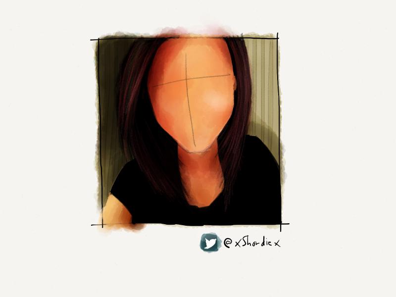 Digital watercolor and pencil portrait of a faceless woman with straight hair and wearing a black t-shirt.