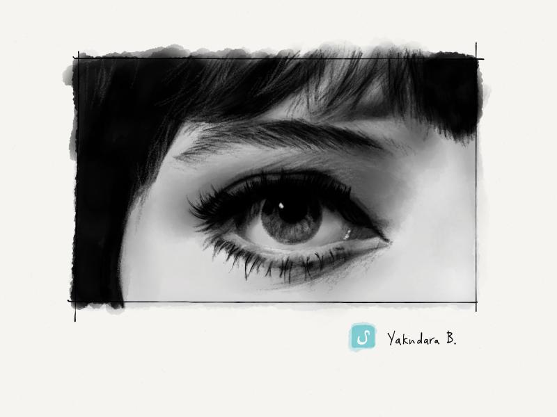Black and white digital watercolor and pencil closeup drawing of a women's eye and brow as she looks up.