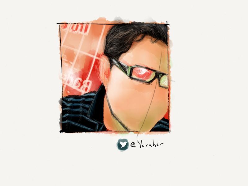 Digital watercolor and pencil portrait of a faceless man in glasses with orange light cast on him.