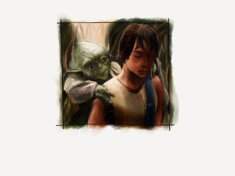 Digital watercolor and pencil portrait of Luke Skywalker carrying Yoda in a backpack from a scene from Empire Strikes Back.