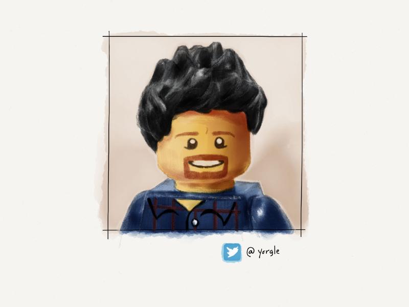 Digital watercolor and pencil portrait of a LEGO man with curly black hair and brown beard, wearing a blue plaid shirt.
