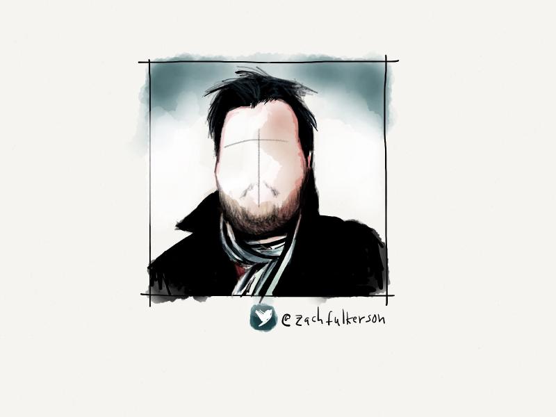Digital watercolor and pencil portrait of a faceless wearing a black and white striped scarf and peacoat.