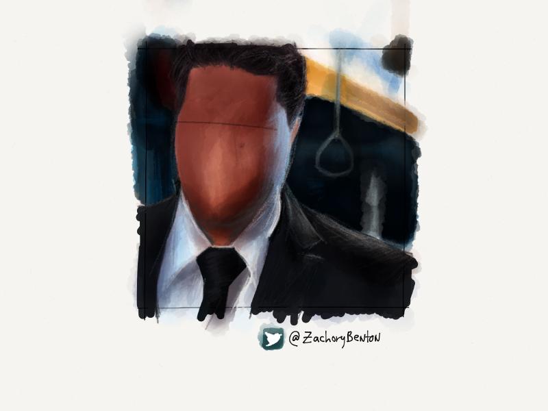 Digital watercolor and pencil portrait of a faceless man in a business suit with a pull string hanging behind him.