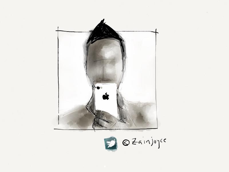 Black and white digital watercolor and pencil portrait of a shirtless man with no face holding a white iPhone.