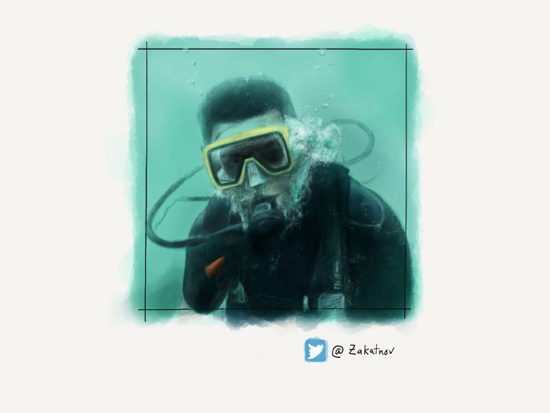 Digital watercolor and pencil portrait of a man breathing underwater in scuba gear.