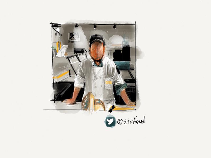 Digital watercolor and pencil portrait of a faceless man in chef's attire with large rounds of cheese in front of him.