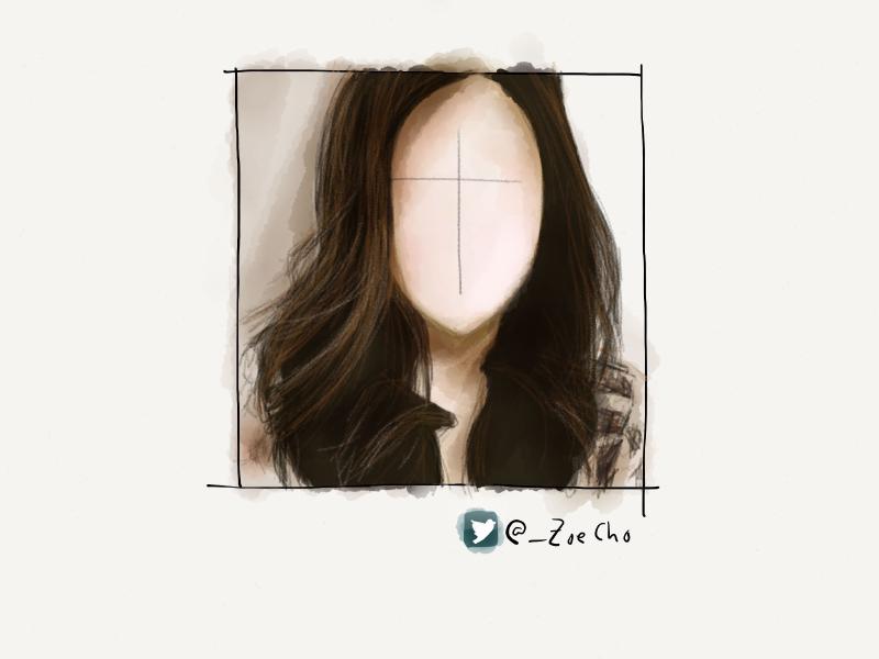 Digital watercolor and pencil portrait of a faceless woman with large curls in her long brown hair.
