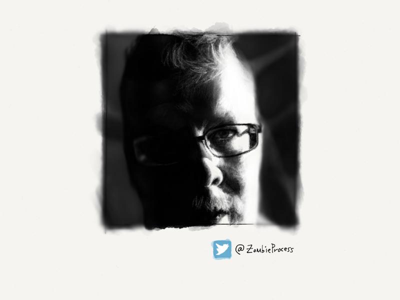 Black and white digital watercolor and pencil portrait of a man wearing glasses and a mustache, half in shadow, half out.