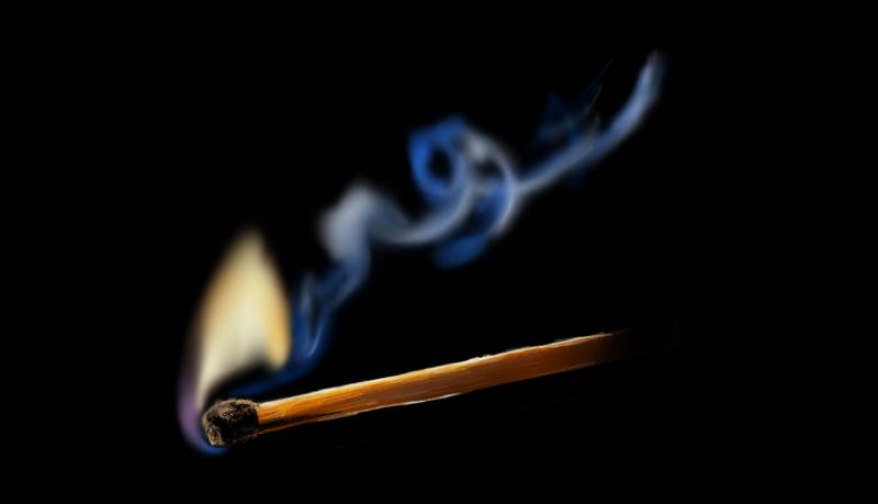 Drawing of a burning match stick with smoke and flame against a black background, drawn digitally on Paper for iPadOS.