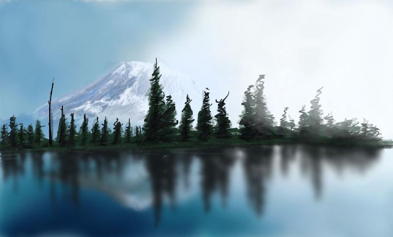 Mountain range and trees reflected in water, painted on Paper for iPadOS.