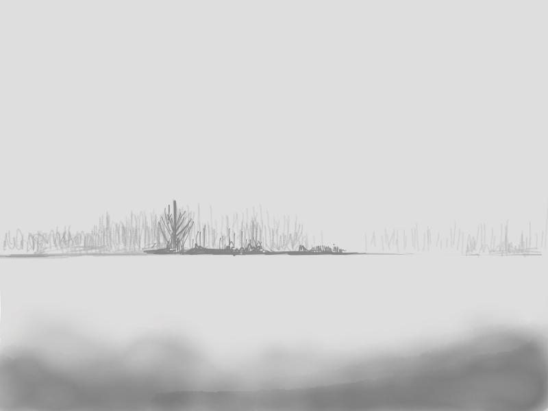 Small trees sketched in gray along the horizon line.