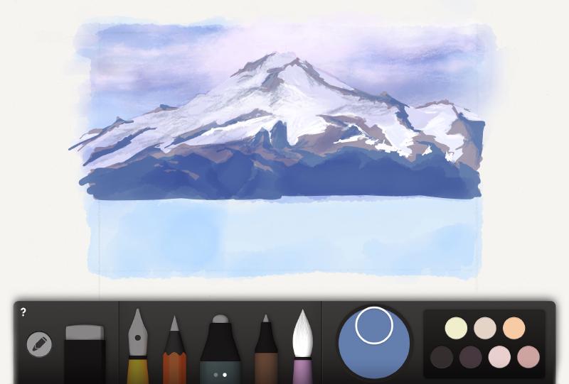 Medium blue shapes added to a mountain range painting.