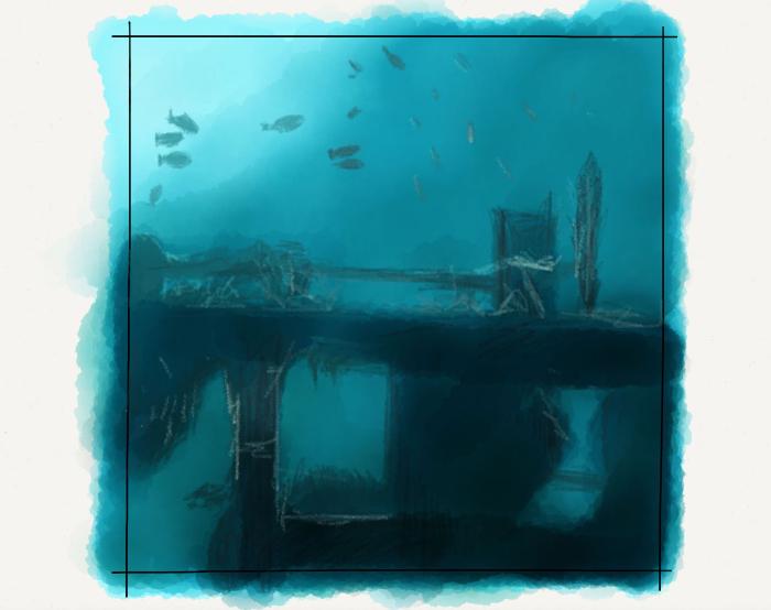 Underwater scene painted in blue.