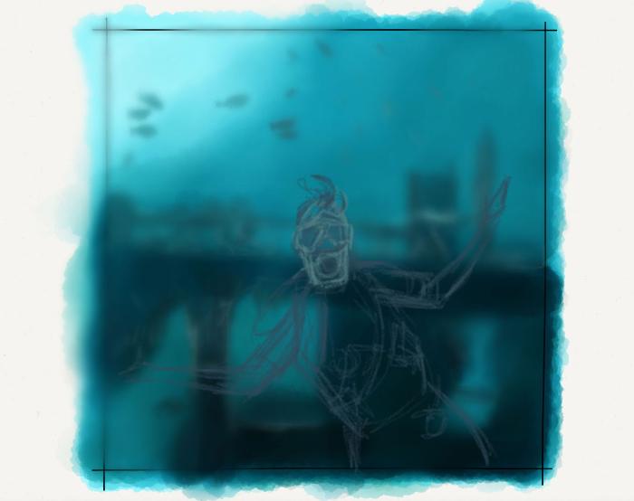Light gray sketch of a scuba diver drawn over an underwater scene.