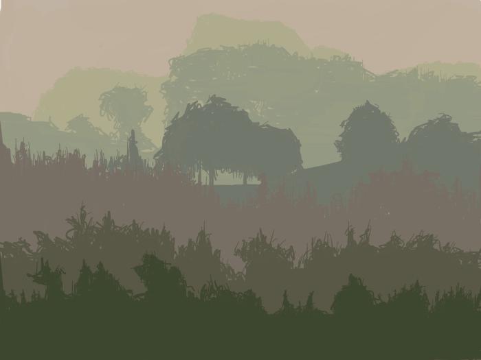 Composition of trees shapes drawn in different values of green.