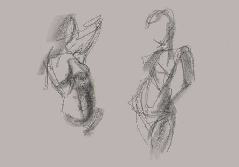 Pencil drawings of two nude females on a gray canvas drawn digitally in Paper.