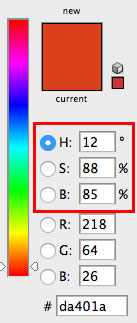 Screenshot of Adobe Photoshops Color Picker showing the HSB values of a sampled color