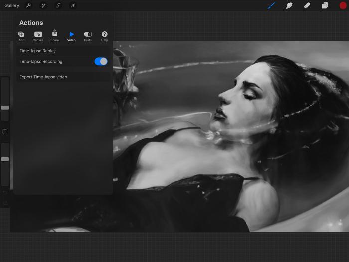 View of Procreates time-lapse recording action menu on top of a black and white painting of a woman in the bath.