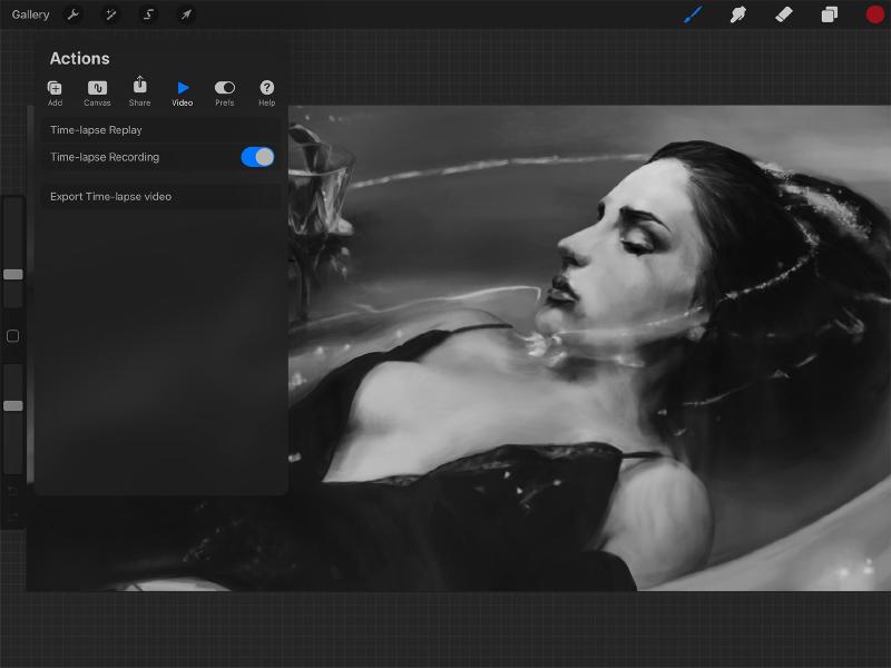 View of Procreate’s time-lapse recording action menu on top of a black and white painting of a woman in the bath.