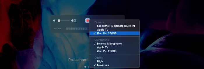 Selecting iPad Pro as camera source in QuickTime Player on macOS