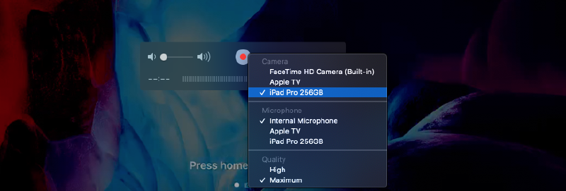 Selecting iPad Pro as camera source in QuickTime Player on macOS